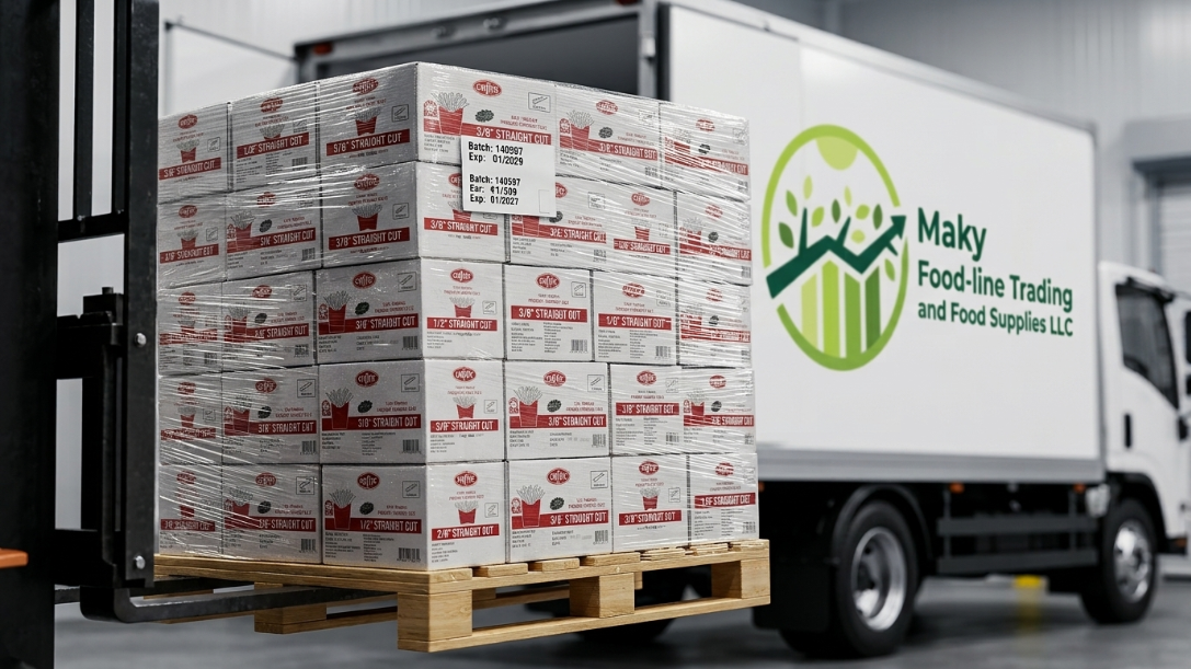MAKY Food-line truck loading — forklift placing frozen export pallet at the dock