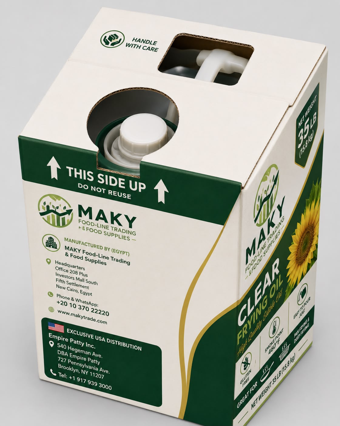 MAKY Clear Sunflower Frying Oil packaging carton with jug handle
